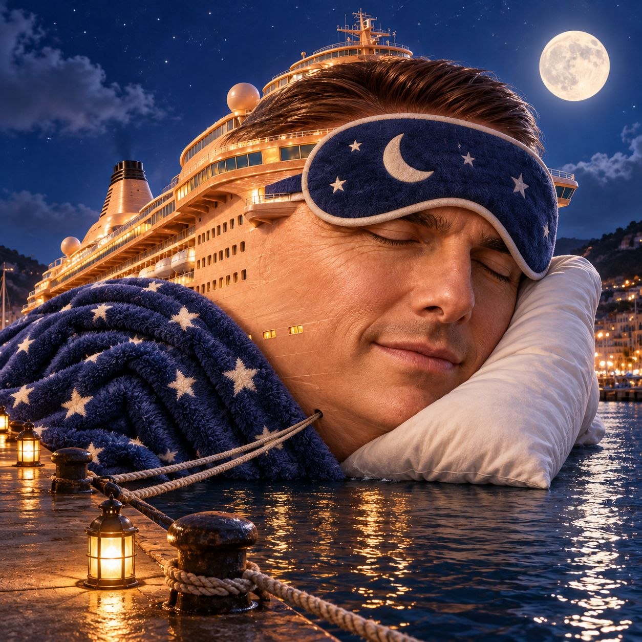Tom Cruise ship head sleeping with a starry sleep mask under a full moon
