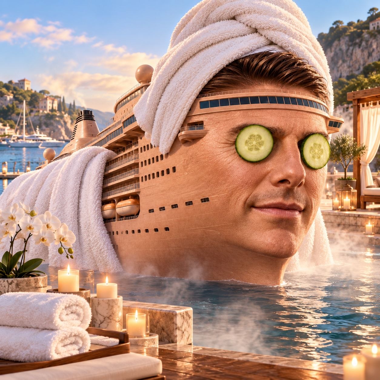 Tom Cruise ship head at a spa with a towel turban and cucumbers over the eyes